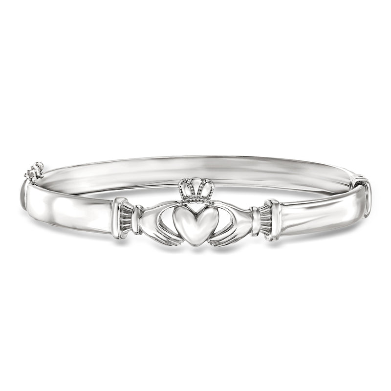 Sterling silver claddagh bangle bracelet with heart, crown, and knot detail