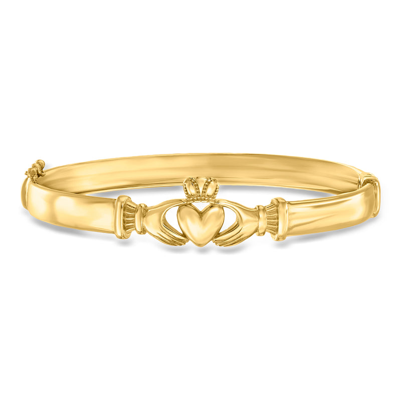 Gold-tone claddagh bangle bracelet with heart and crown motif
