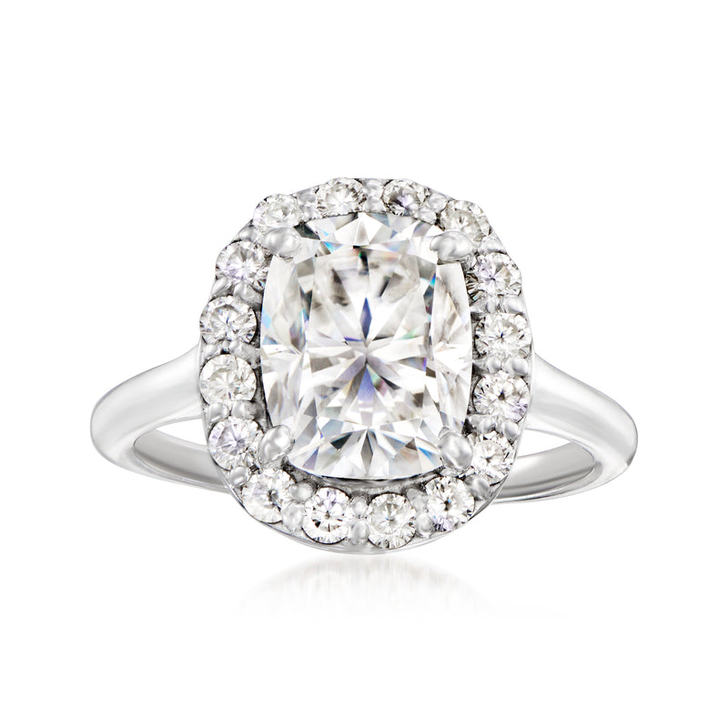 Sterling silver halo ring with cushion-cut moissanite center and round side stones