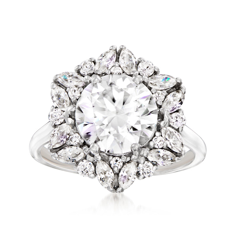 Sterling silver moissanite ring with hexagonal halo and round center stone