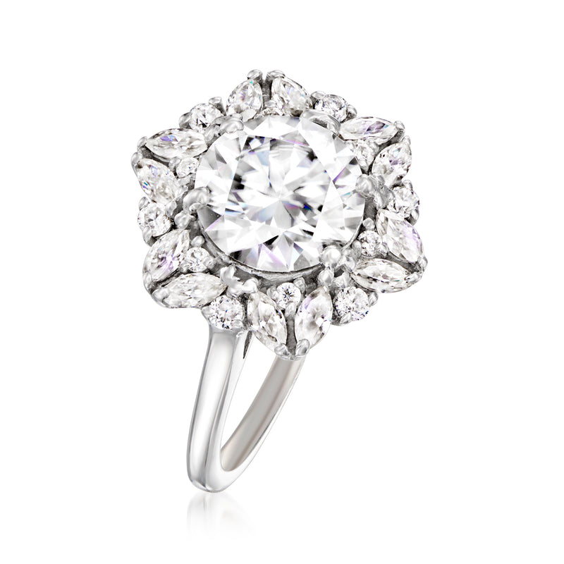 Sterling silver moissanite ring with round center stone and bright halo