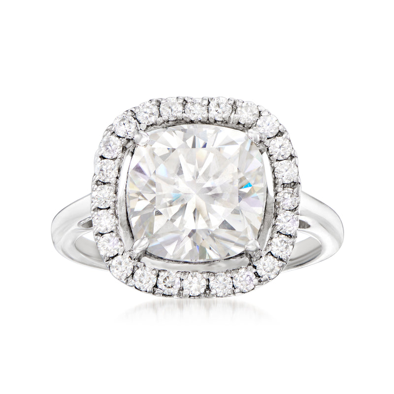 Sterling silver square halo moissanite ring with cushion-cut center stone