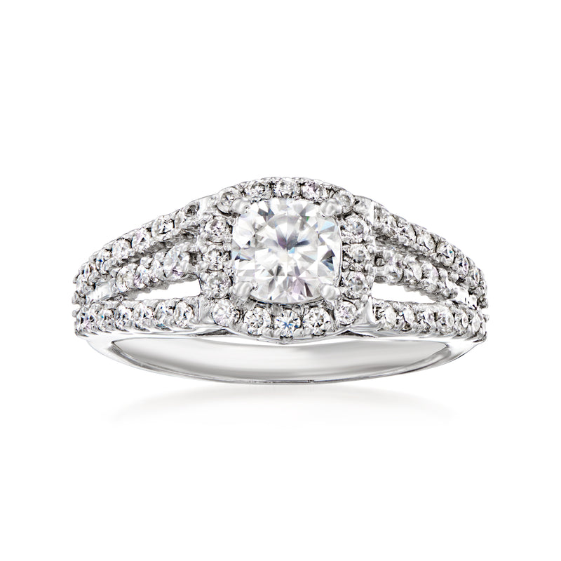 Sterling silver moissanite ring with cushion center stone and split pavé band
