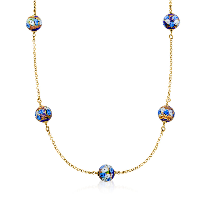 18kt gold-tone station necklace with blue and white Murano glass bead drops