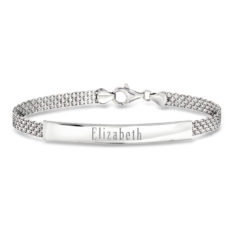 Sterling silver tennis-link bracelet with engraved name bar 'Elizabeth' and lobster clasp