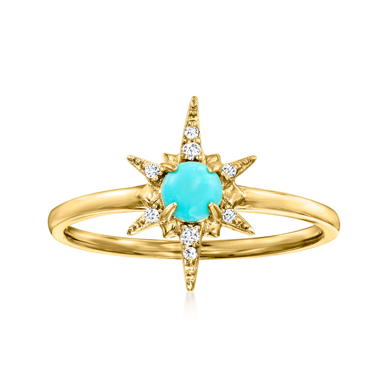14kt yellow gold ring with turquoise starburst center and diamond accents