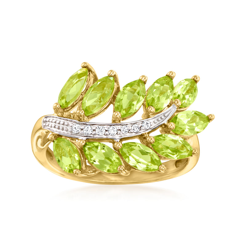 Peridot leaf ring in 18kt gold over sterling with green gemstones and diamond accents