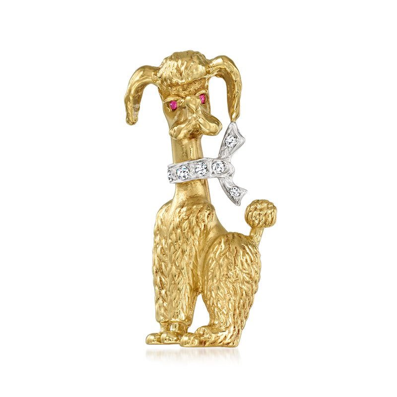 18kt yellow gold poodle pin with diamond accents and ruby eyes