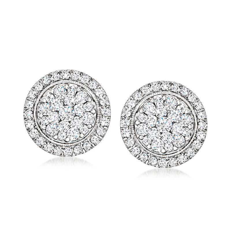 Round diamond cluster stud earrings with milgrain edges in 14kt white gold