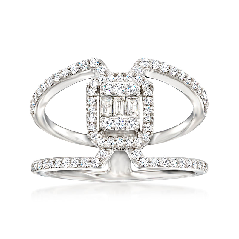 14kt white gold diamond ring with baguette and round accents, heart design