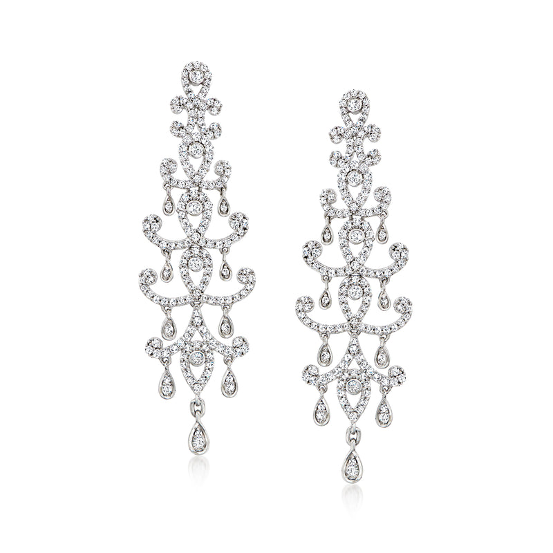 Diamond chandelier drop earrings in 14kt white gold, teardrop and round stones