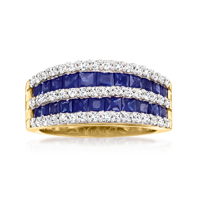 14kt yellow gold sapphire and diamond band ring with three-row dark blue stones