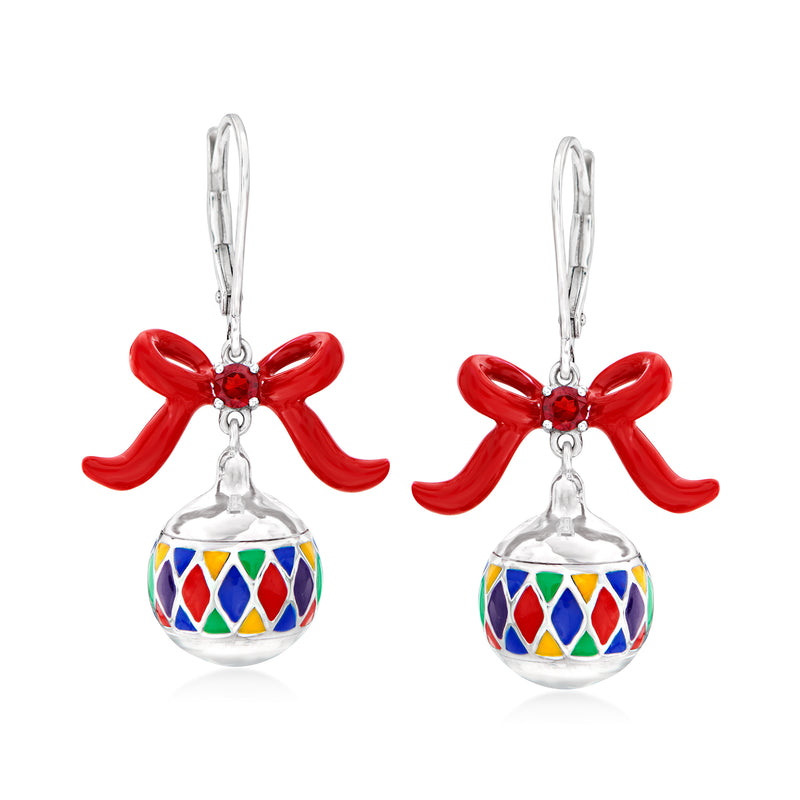 Sterling silver bow drop earrings with multicolored enamel ornament and red ribbon accents