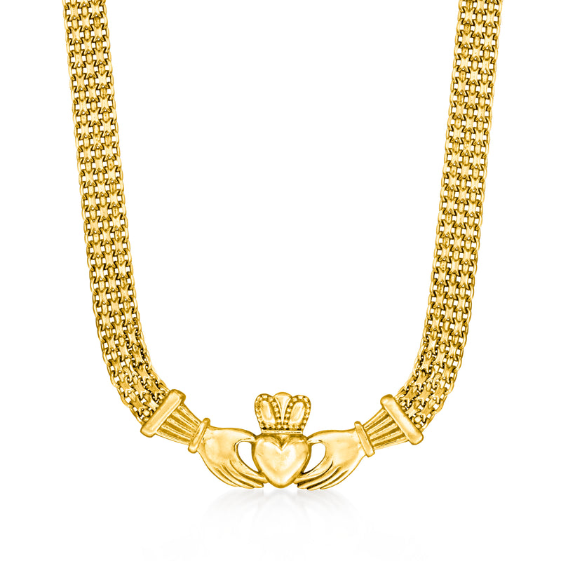 Gold-tone Bismarck-link necklace with claddagh heart-and-crown charm