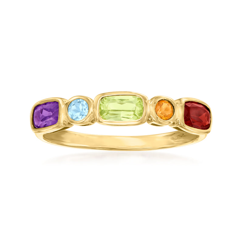 14kt yellow gold multi-gemstone ring with purple, blue, green, orange, and red stones