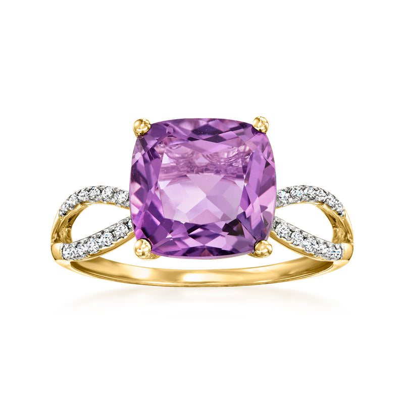 14kt yellow gold ring with large square amethyst and diamond side stones