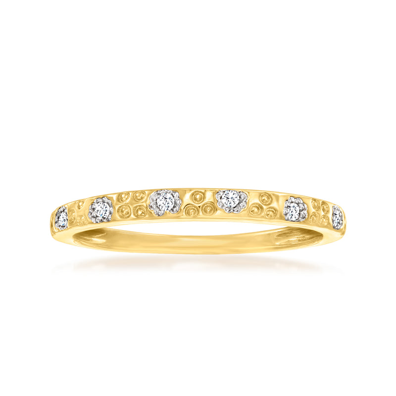 14kt yellow gold hammered ring with round diamond accents across the band