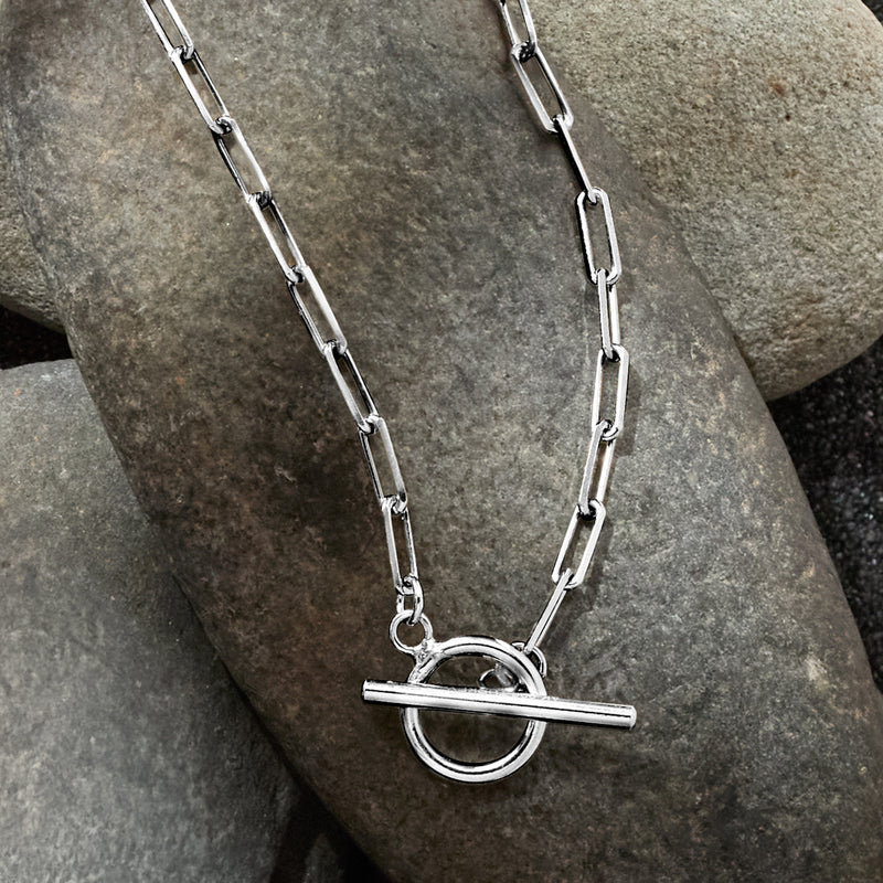 Sterling silver paperclip chain toggle necklace with bar-and-ring clasp detail