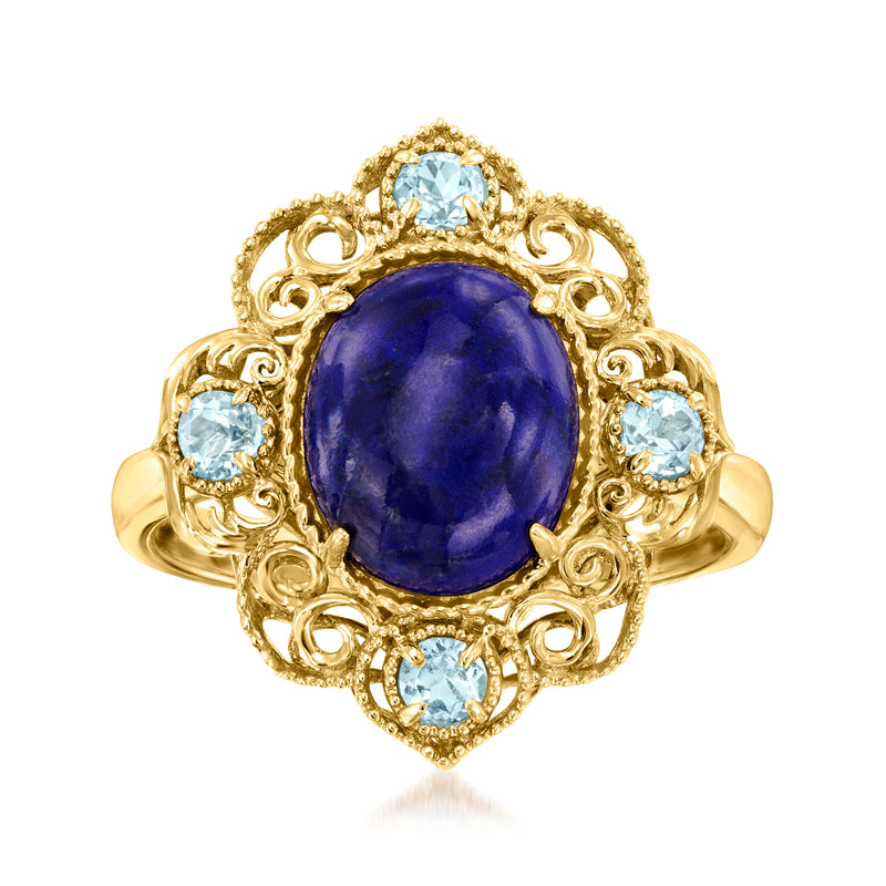 14kt yellow gold ring with oval deep blue center stone and light blue side stones