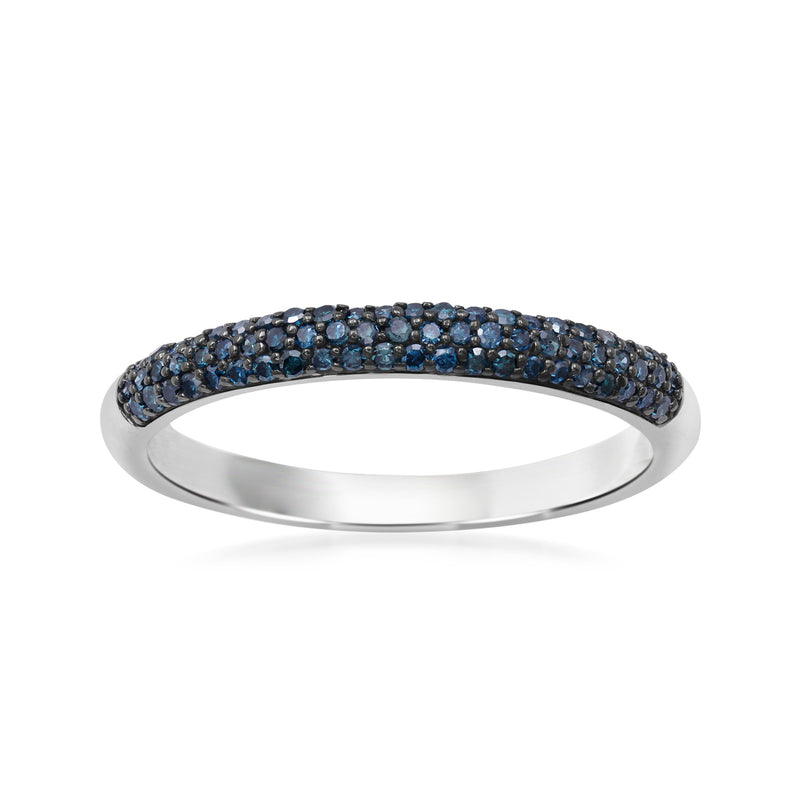 Sterling silver diamond tennis ring with blue round stones across band