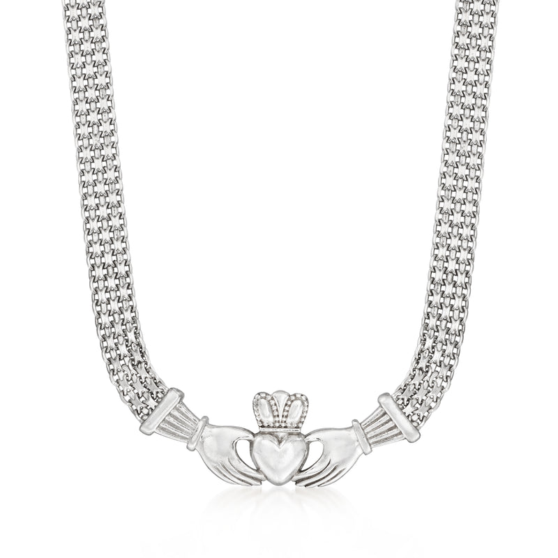 Sterling silver Bismarck-link necklace with claddagh heart hands and crown pendant