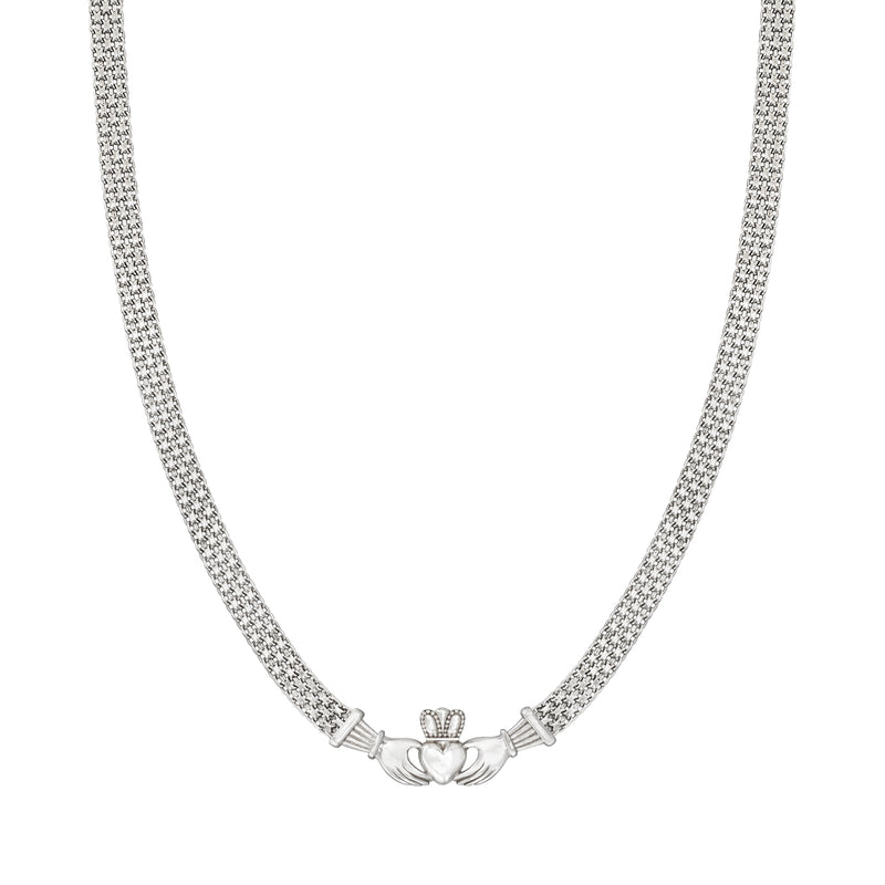 Sterling silver Bismarck-link chain necklace with claddagh hands heart crown charm