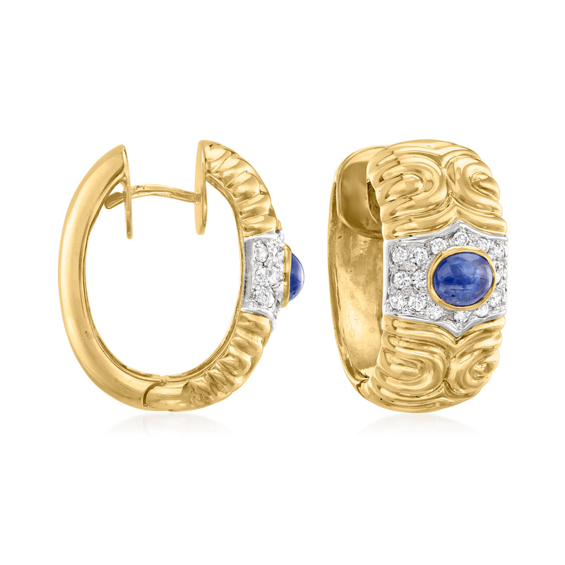 Two-tone gold hoop earrings with round blue sapphire and white diamond accents, post backs