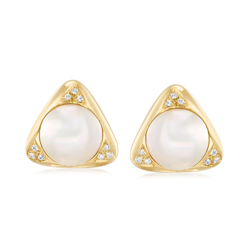 Triangular cultured Mabe pearl and diamond stud earrings, 14kt yellow gold