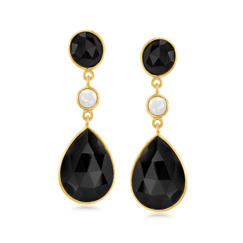 Gold-tone drop earrings with faceted black onyx, round pearl and teardrop onyx dangle