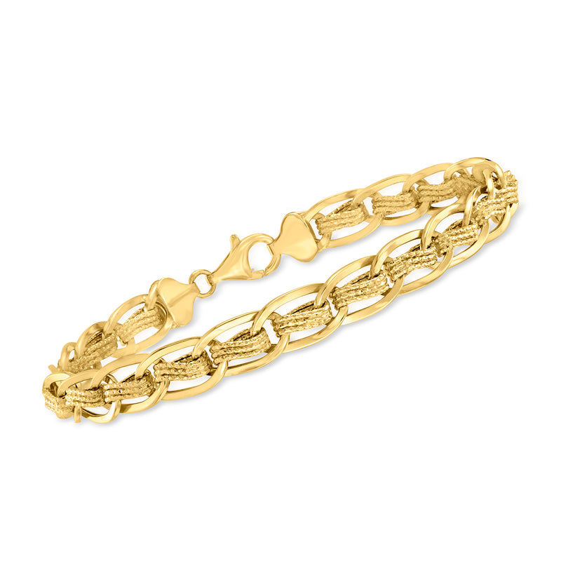 14kt yellow gold oval-link bracelet with interlocking textured links and clasp