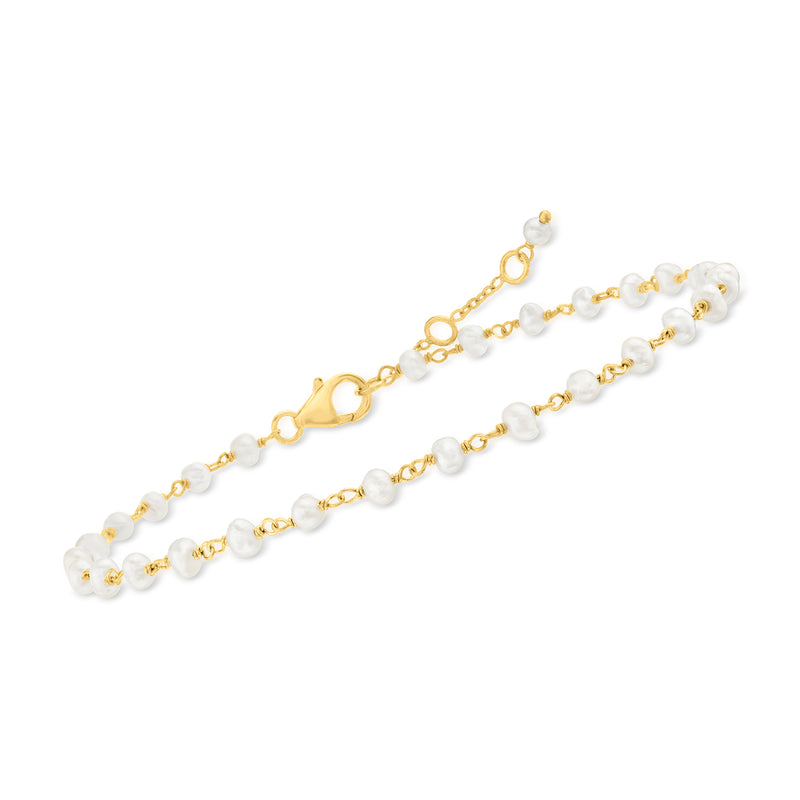 Gold-tone cultured pearl anklet with round white pearls and oval link clasp detail