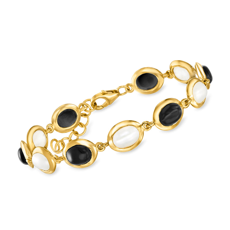 18kt gold over sterling bracelet with black onyx and white cultured pearl oval links