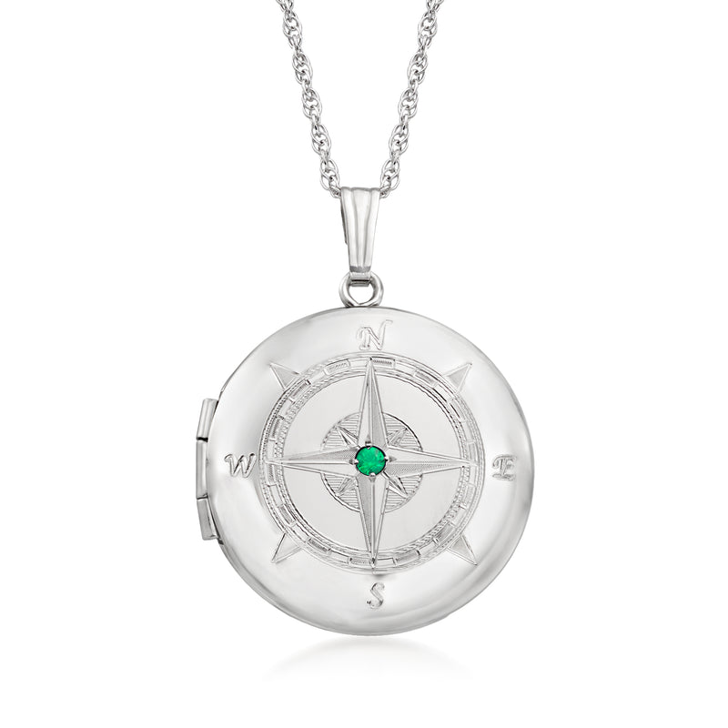 Sterling silver compass locket necklace with round case, compass dial, green emerald
