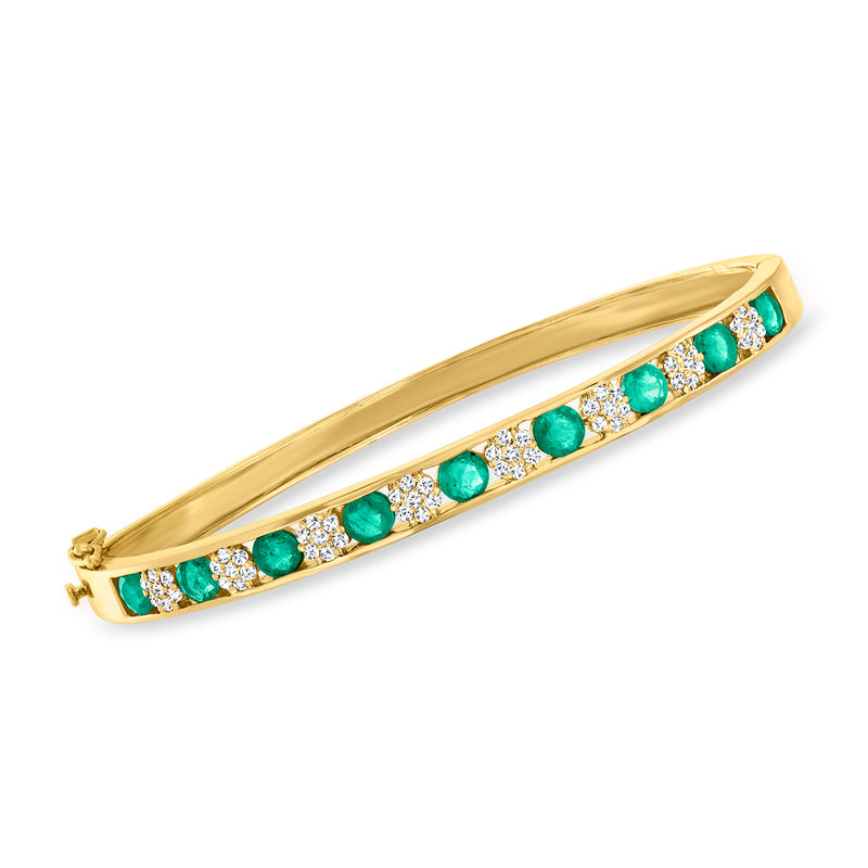 14kt yellow gold bangle bracelet with emerald and diamond cluster stones