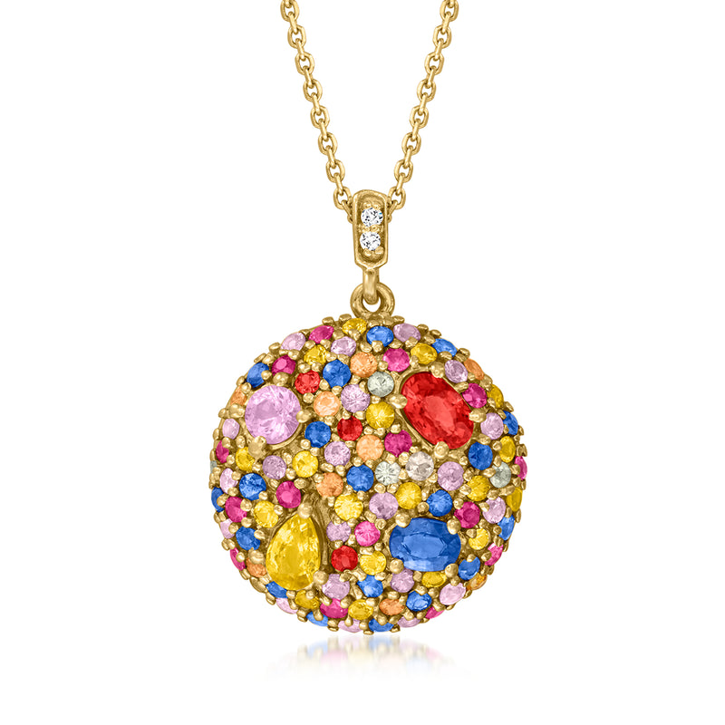 14kt yellow gold round multicolored sapphire circle pendant with diamond accents