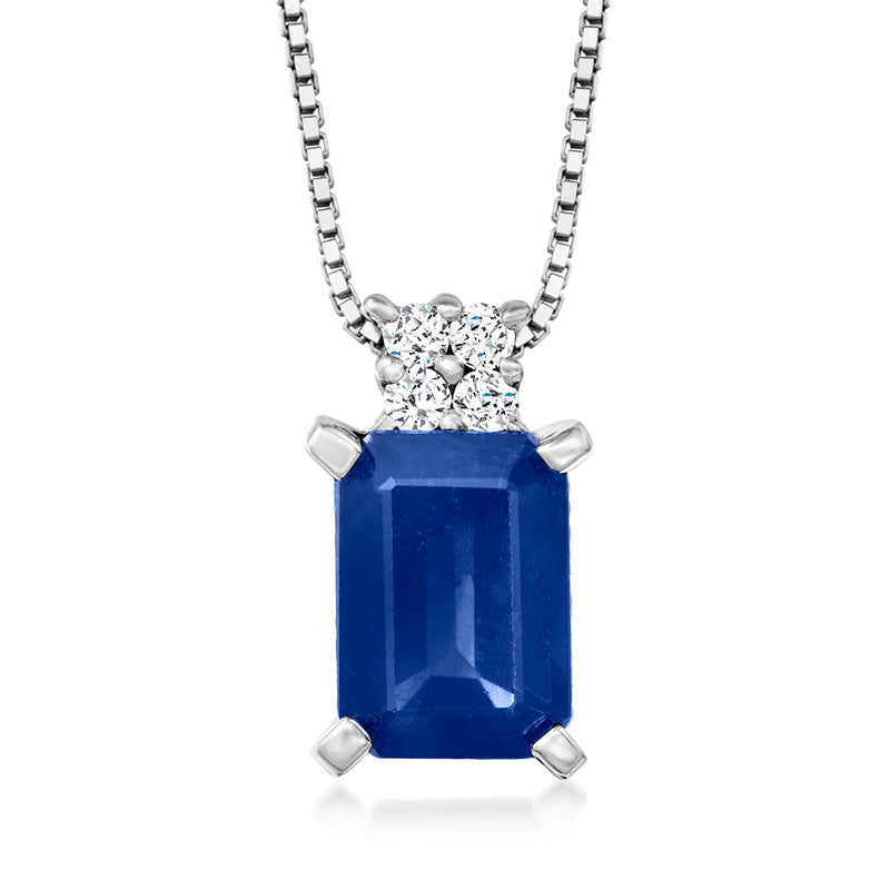14kt white gold sapphire and diamond pendant necklace with emerald-cut blue stone