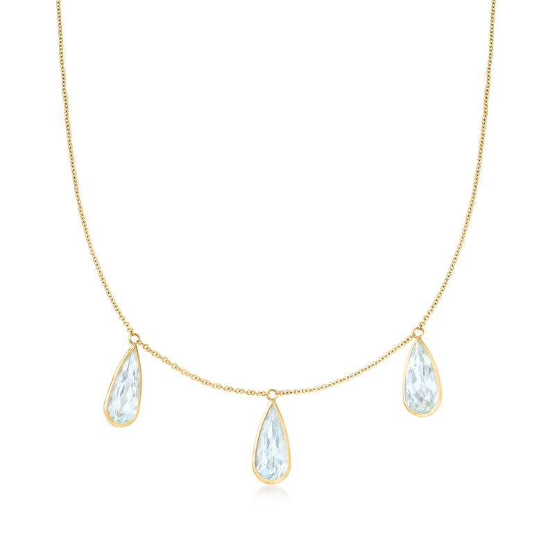 14kt yellow gold aquamarine teardrop drop necklace with three blue stones