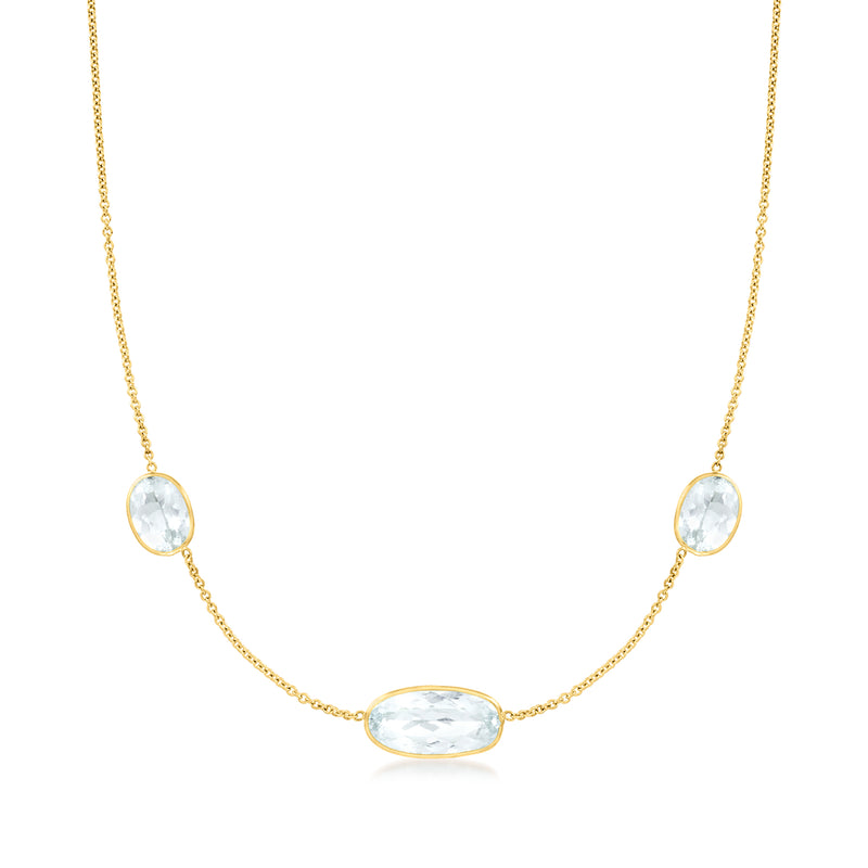 14kt yellow gold aquamarine station necklace with three oval stones