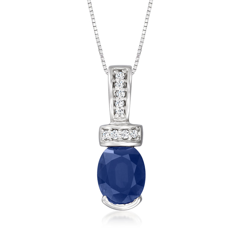 14kt white gold pendant necklace with blue oval sapphire and diamond halo