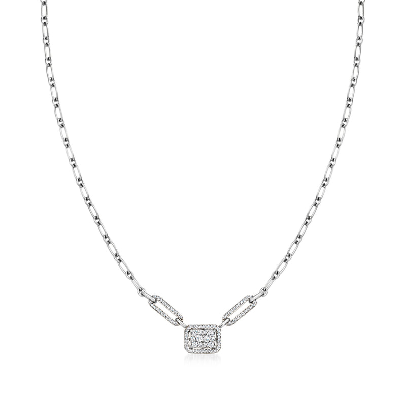 Sterling silver diamond cluster necklace with square halo pendant on chain