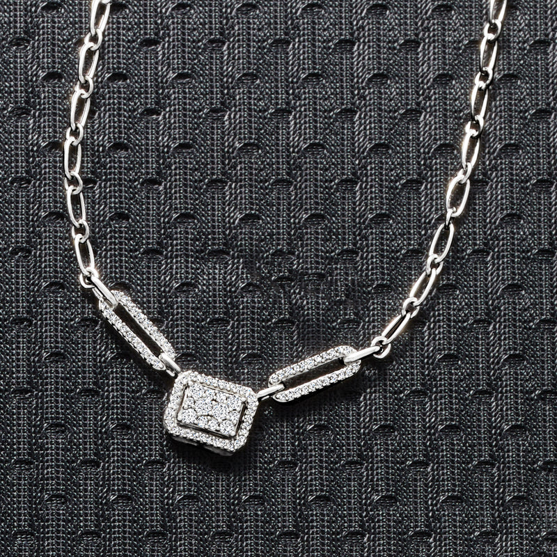 Square diamond cluster pendant necklace in sterling silver with linked chain close-up
