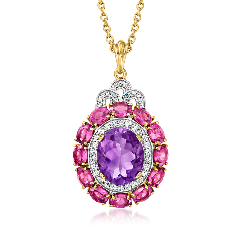 Gold-tone pendant necklace with oval purple gemstone center and pink halo with glittering accents