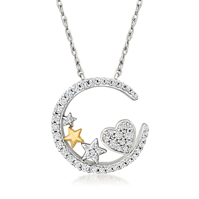 Two-tone sterling silver necklace pendant with moon, heart, and stars accents