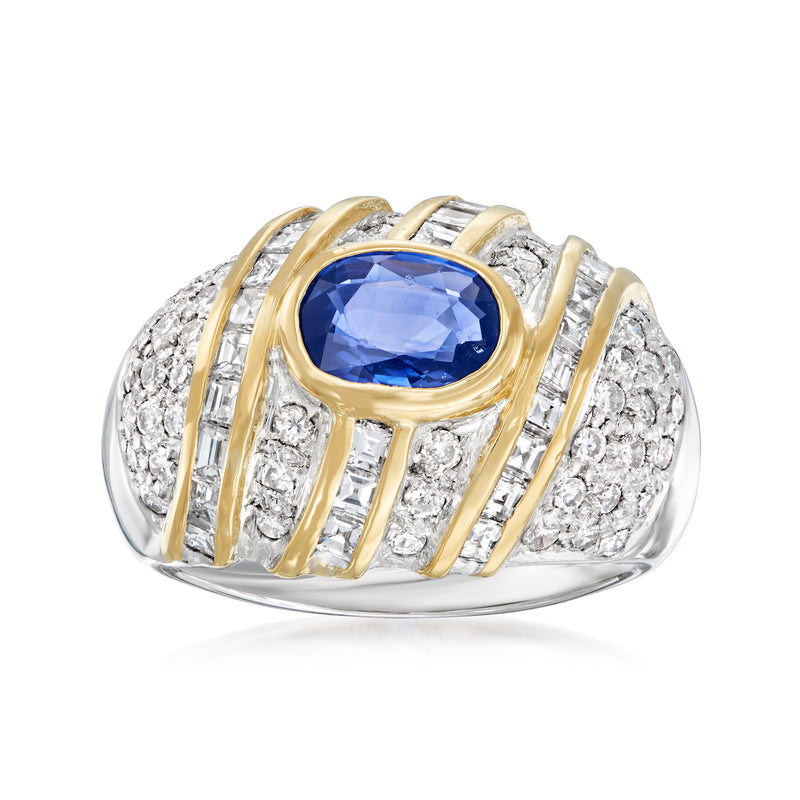 Vintage sapphire and diamond ring in platinum with 18kt yellow gold bezel and split shank