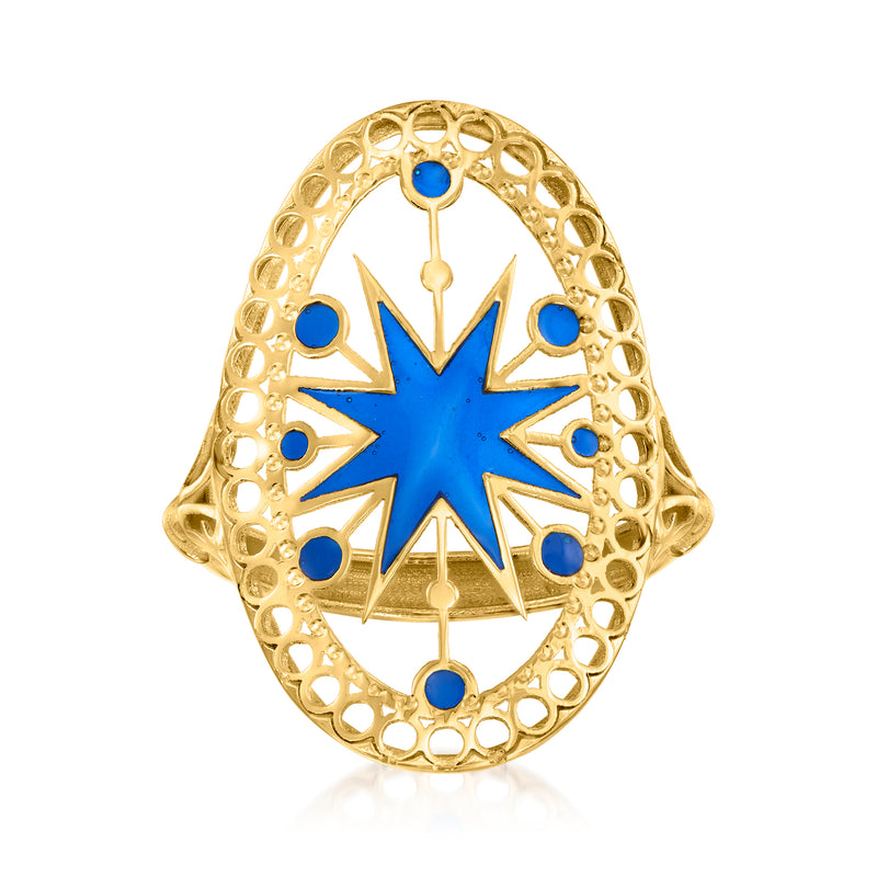 14kt yellow gold ring with blue enamel starburst center and openwork halo
