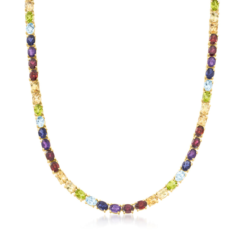 Gold over sterling tennis necklace with round multicolor gemstones in continuous row