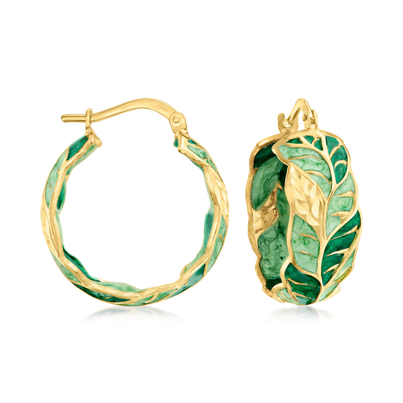 14kt yellow gold hoop earrings with green enamel leaf vine detail