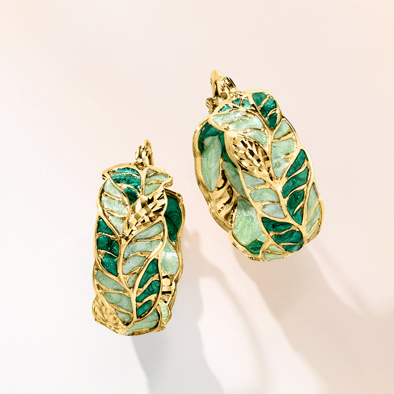 Green enamel vine leaf hoop earrings in 14kt yellow gold, openwork design