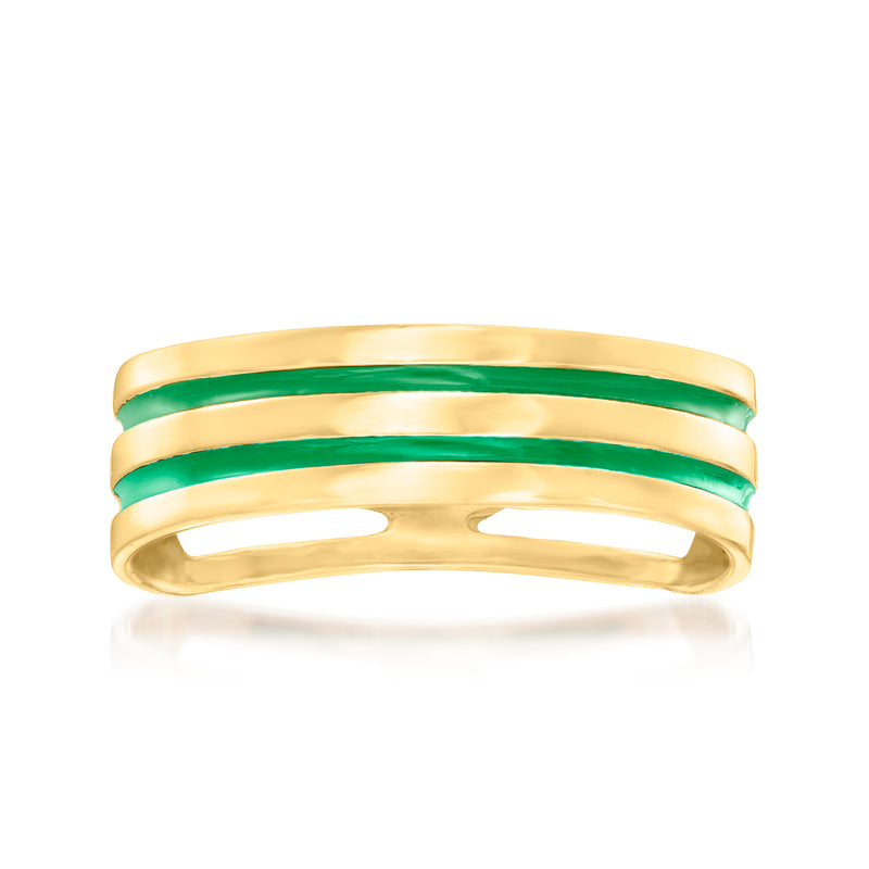 14kt yellow gold ring with three green enamel stripes