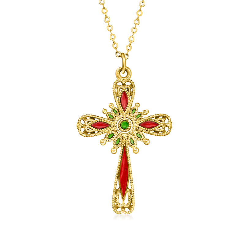 14kt yellow gold cross pendant necklace with red and green enamel, gold chain
